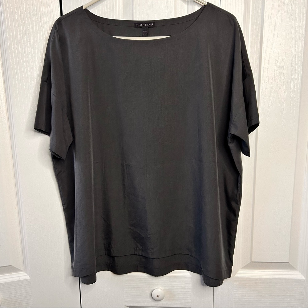Eileen Fisher Women’s M Gray Boatneck‎ High Low Boxy Short Sleeve Blouse Top